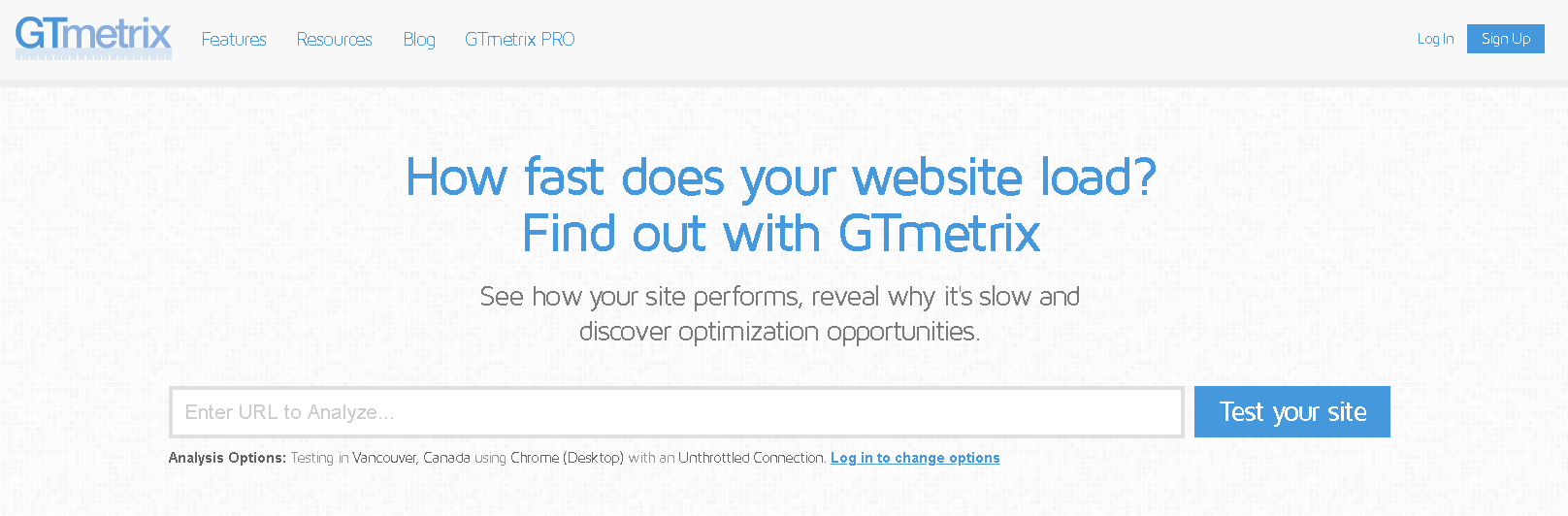 Gtmetrix landing page