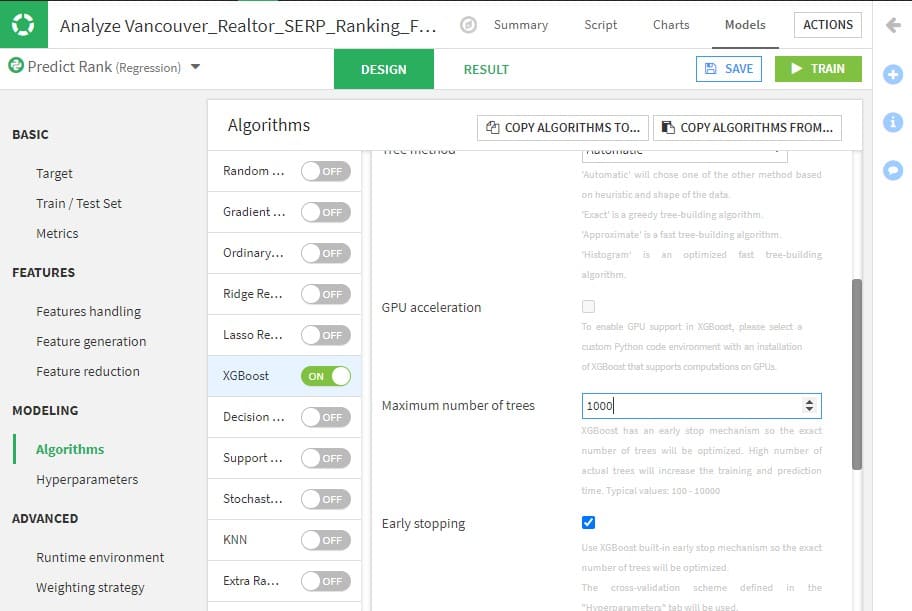 Model Algorithms settings