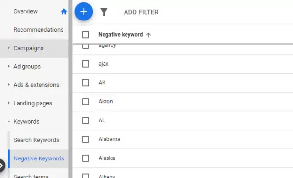 Negative keyword list update