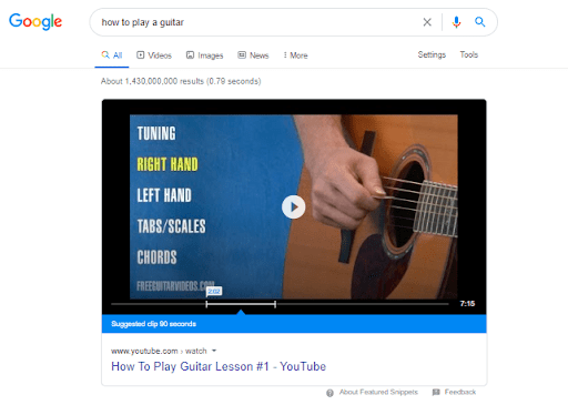 Video feature in google results
