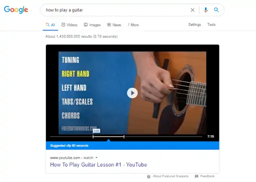 Video feature in google results